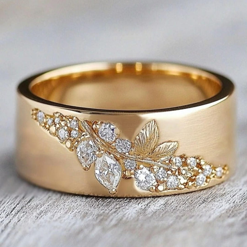 Anillo exquisito de hoja con circonita e incrustación dorada – imagen 2