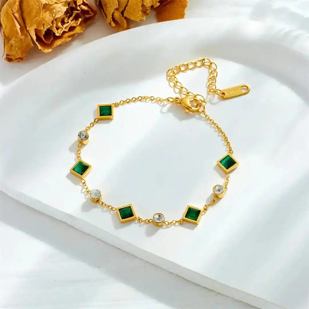 Pulsera elegante de esmeralda con eslabones cuadrados – imagen 3