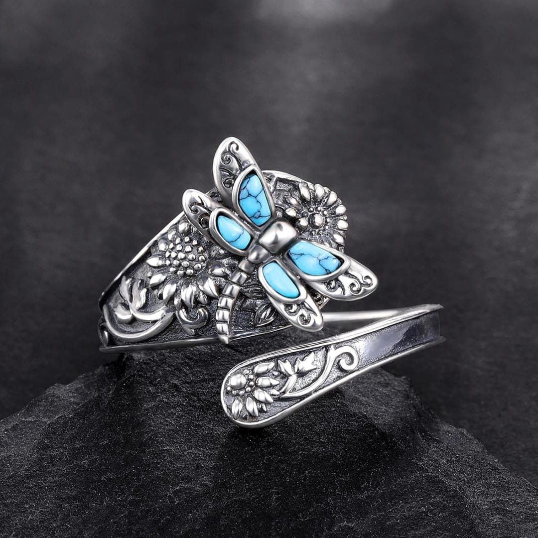 Anillo ajustable de plata con turquesa y libélula