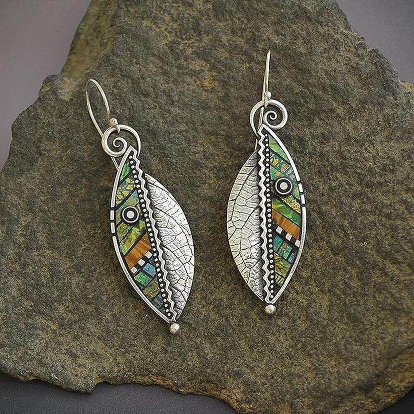 Pendientes vintage bohemios de hoja con mosaico