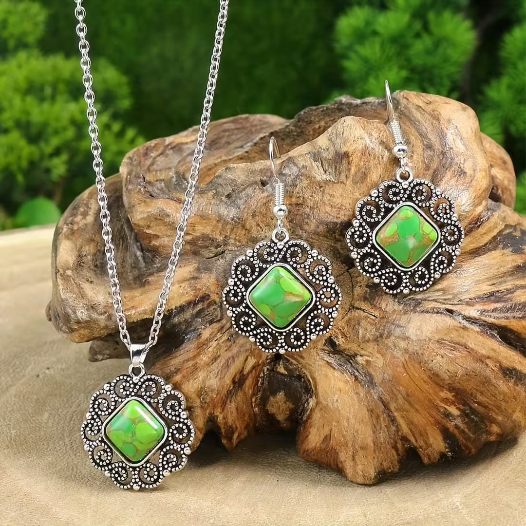 Pendientes de mandala plateados y collar a juego – imagen 2