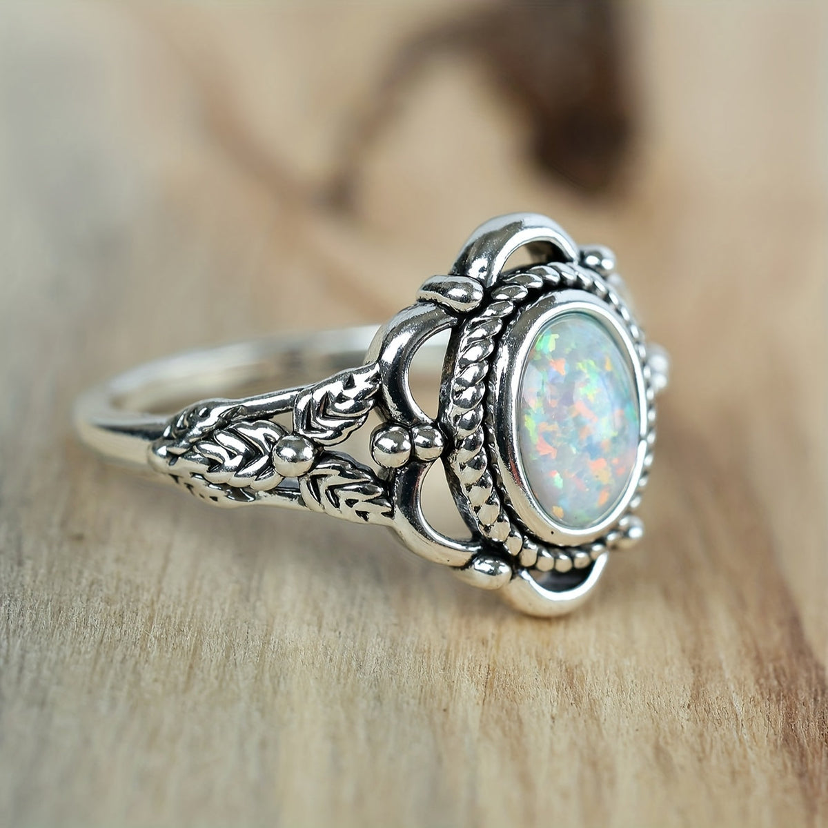 Anillo elegante de ópalo con hoja – imagen 2