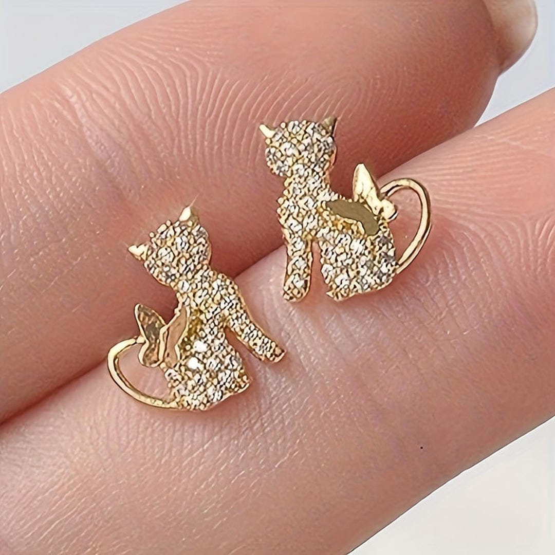 Pendientes de botón de mariposa dorados Golden Cat con circonita