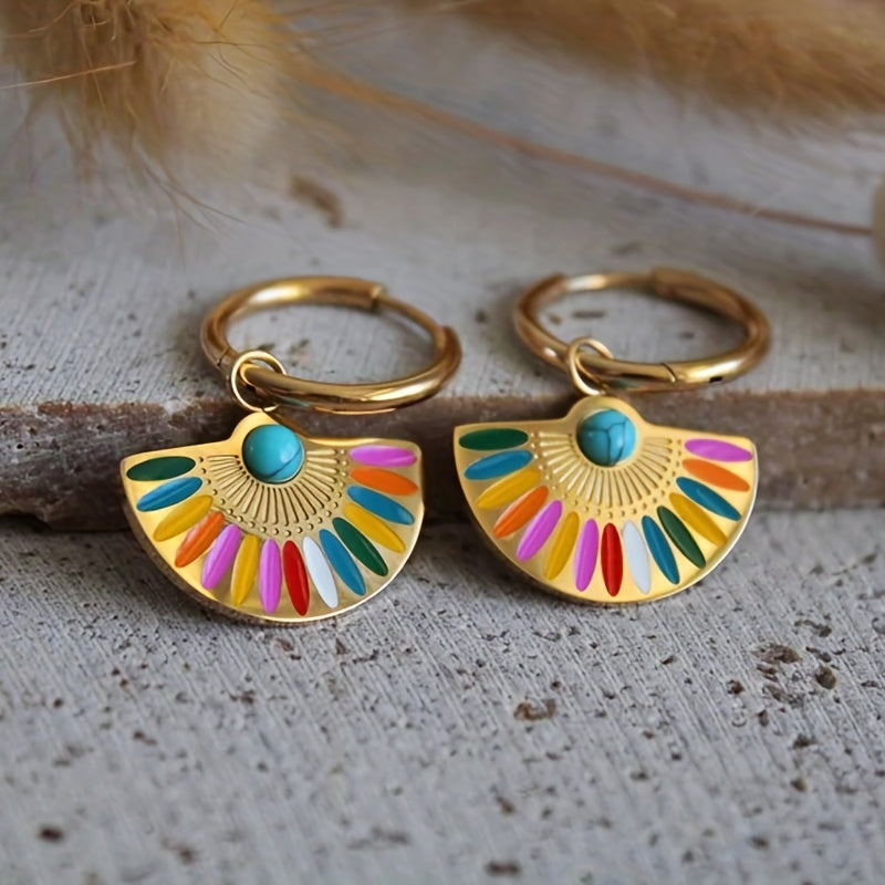 Pendientes de aro en forma de abanico con esmalte de colores