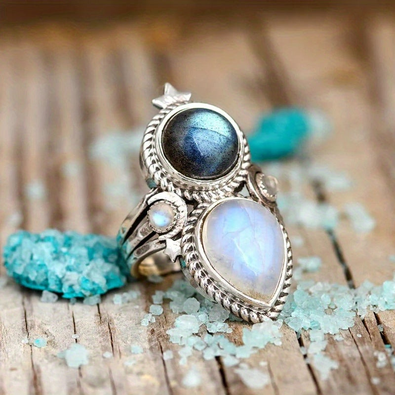 Anillo celestial de piedra de luna y labradorita en plata