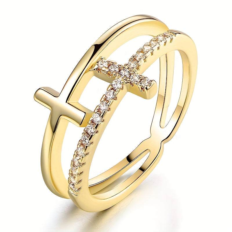 Anillo de oro blanco de doble capa con cruz de circonita – imagen 2