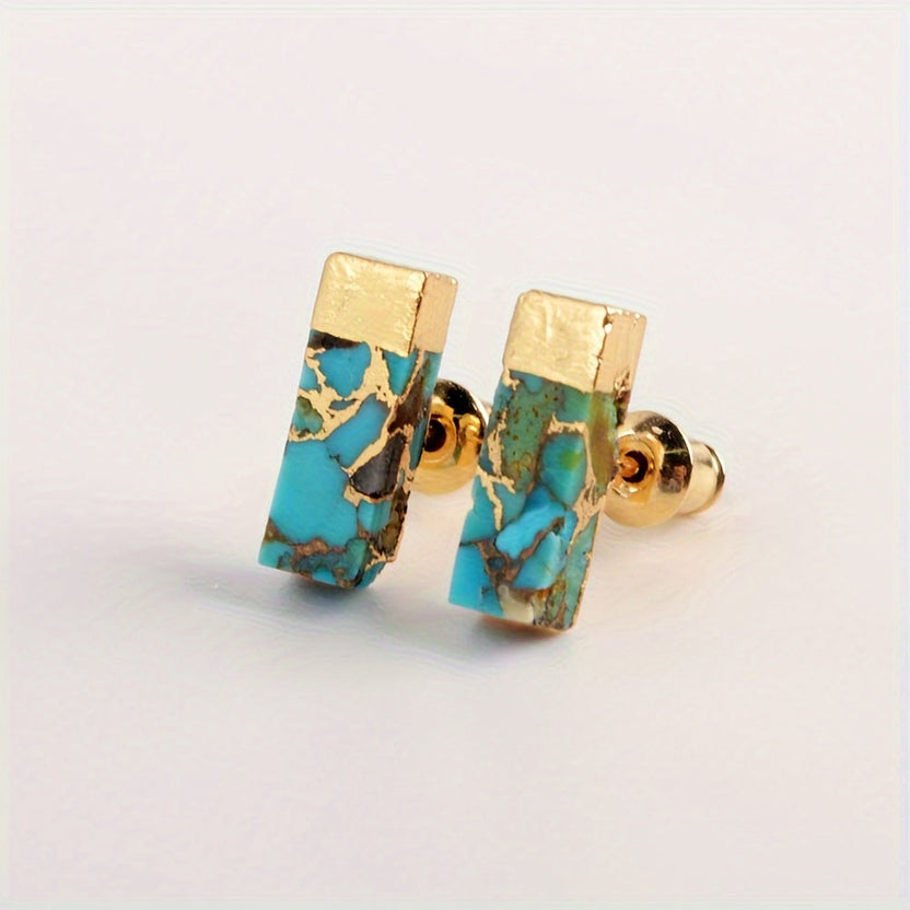 Pendientes bohemios rectangulares de oro con turquesa