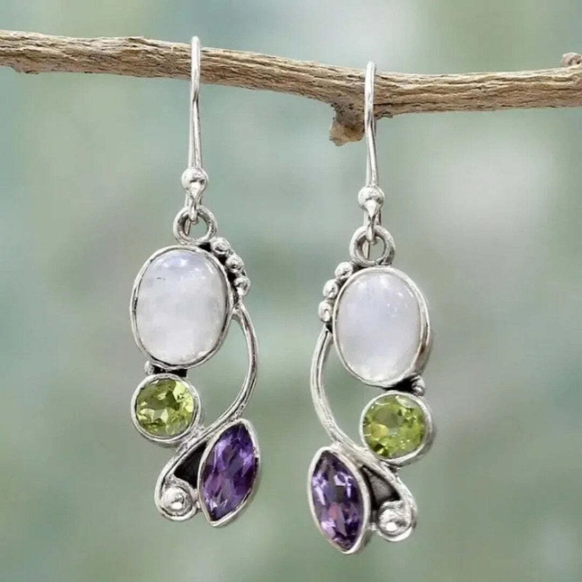 Pendientes cascada de piedra lunar, amatista y peridoto