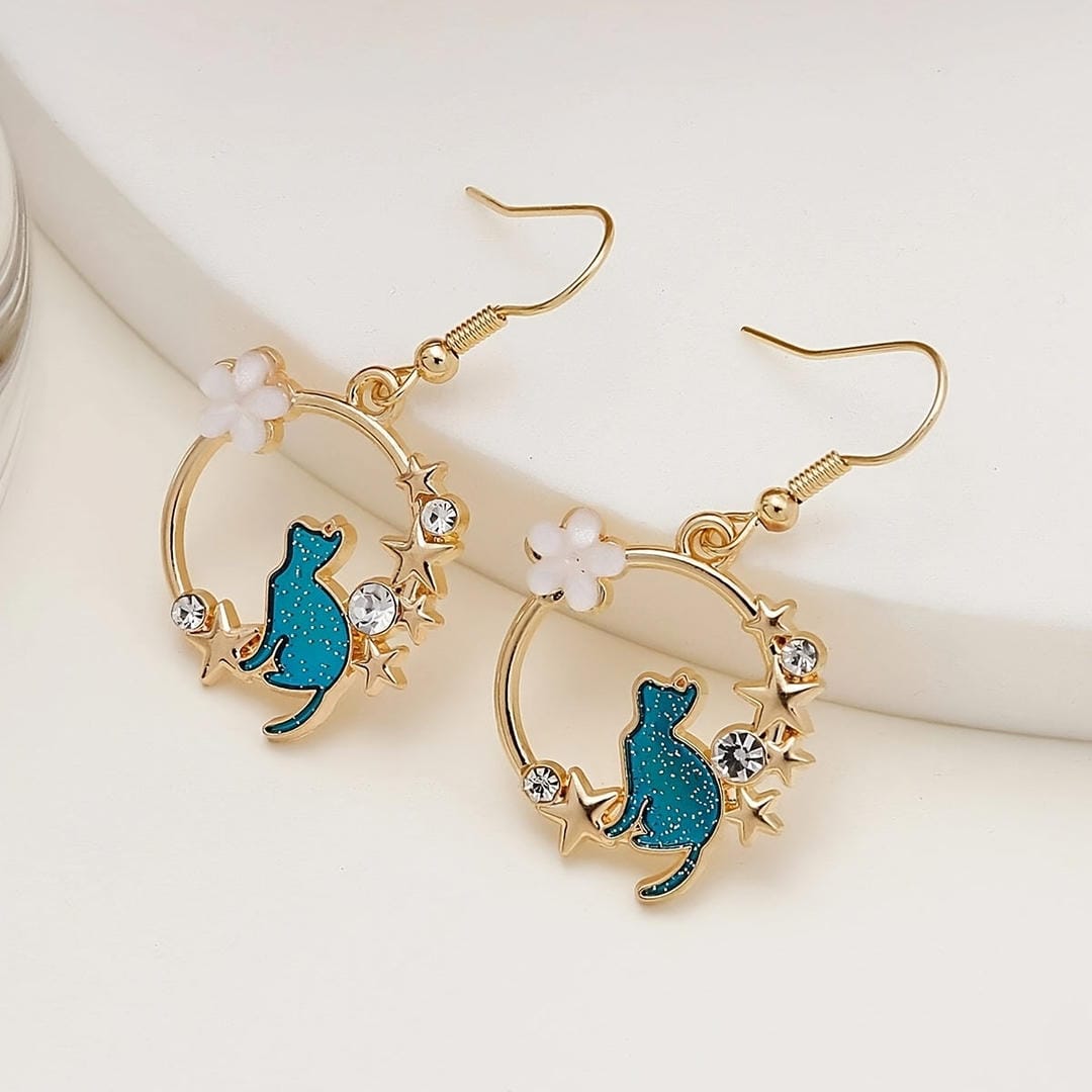 Pendientes colgantes de flor, gato y estrella