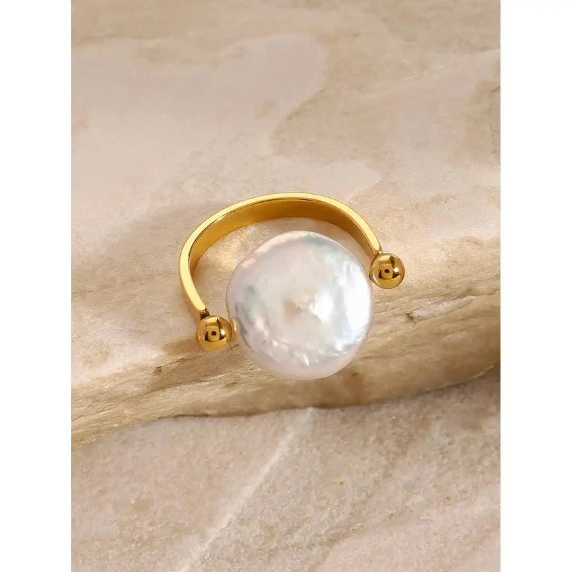 Anillo abierto con perla y moneda