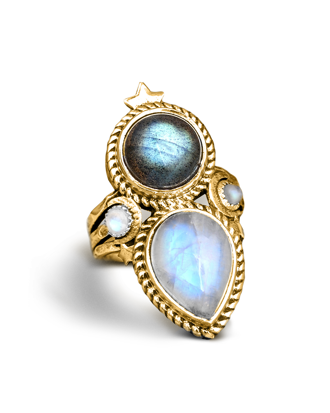 Anillo celestial de piedra luna y labradorita