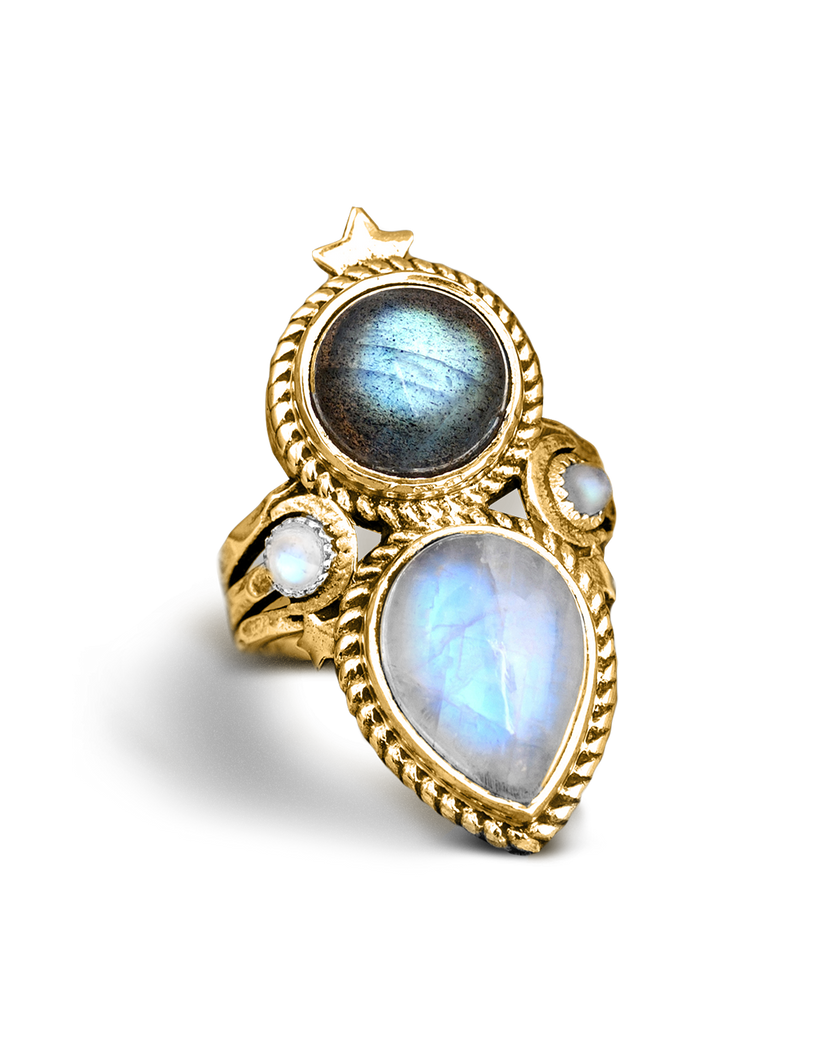 Anillo celestial de piedra luna y labradorita