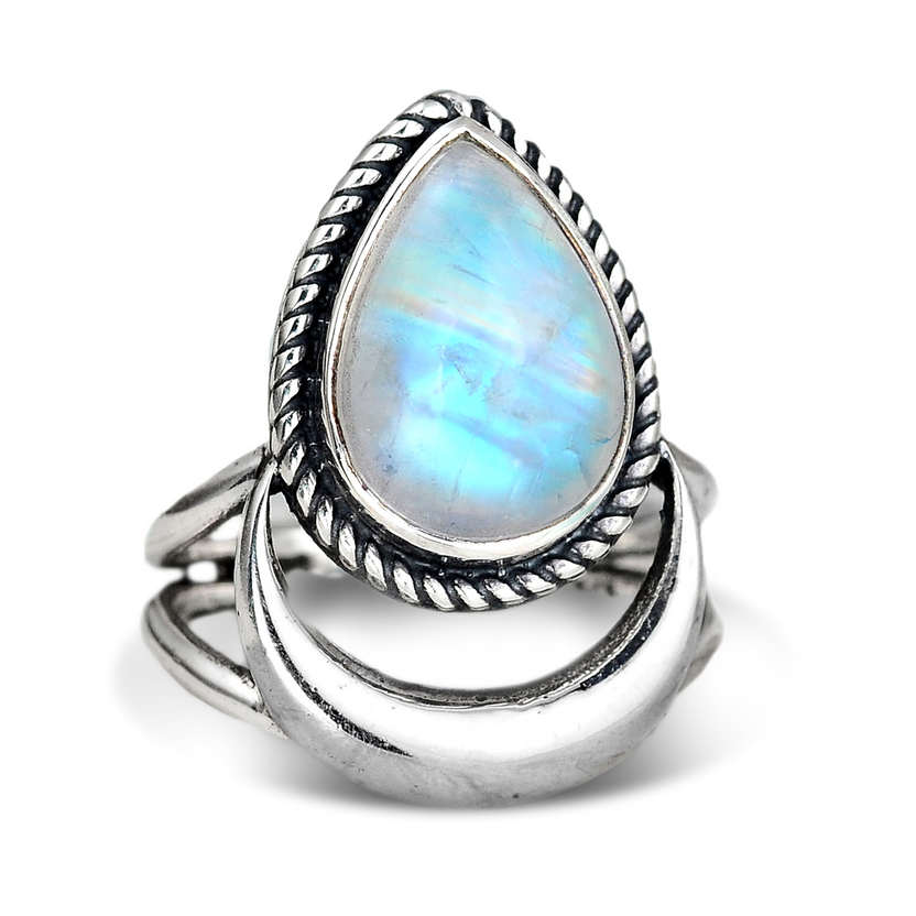 Anillo de piedra lunar con luna creciente