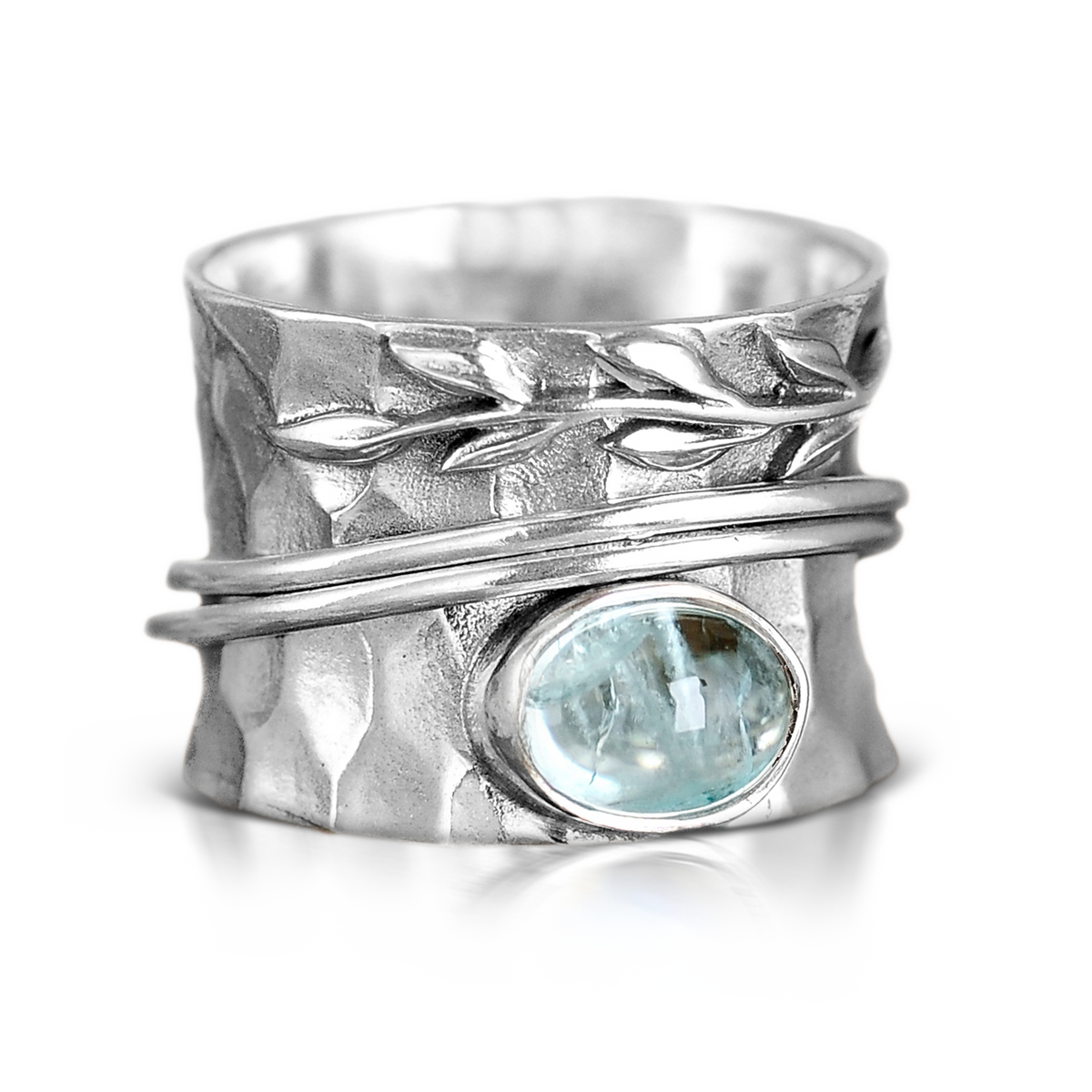 Anillo giratorio de aguamarina con hoja