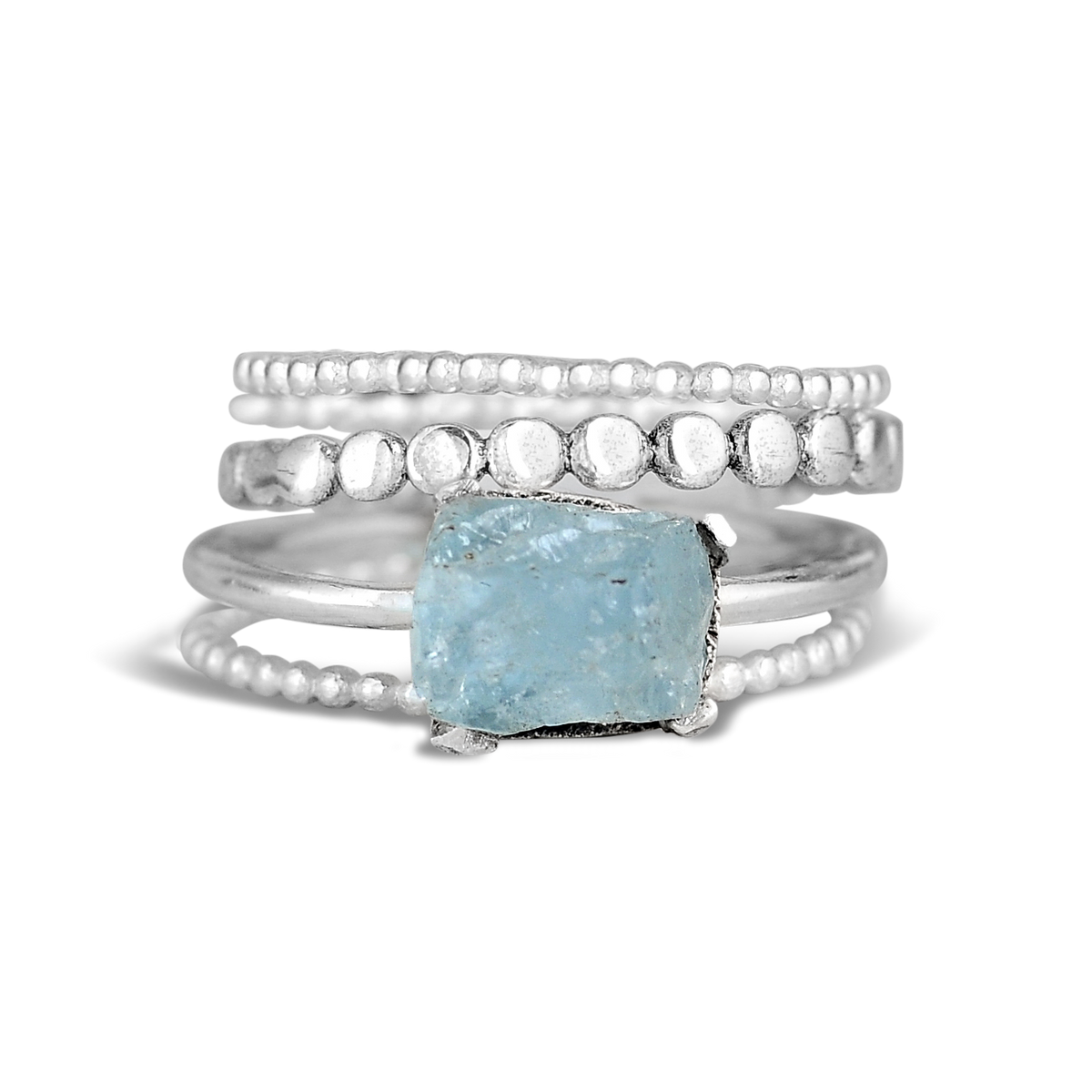 Conjunto de anillos apilables de aguamarina — Carmen, Lucía & Rocío