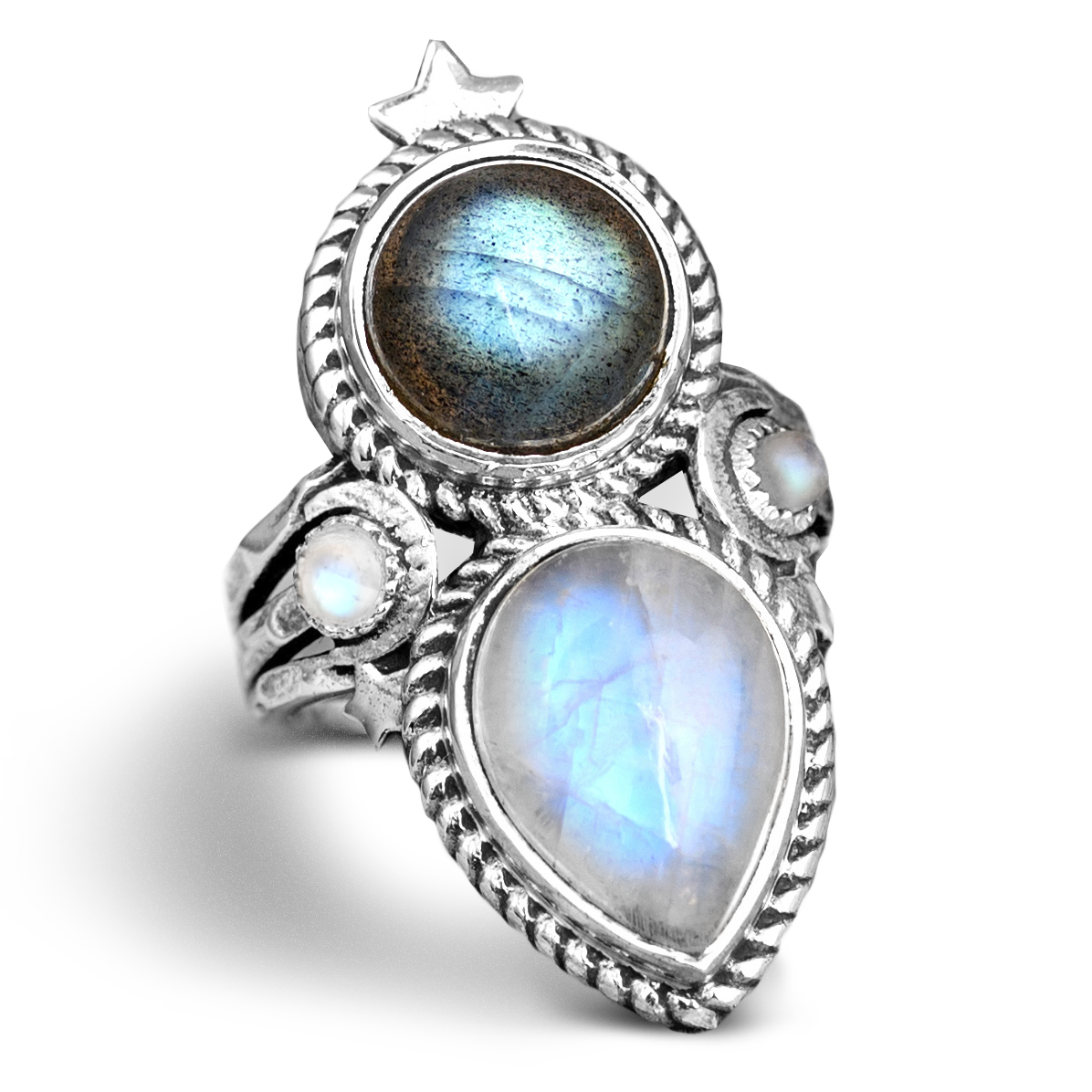 Anillo celestial de piedra lunar y labradorita