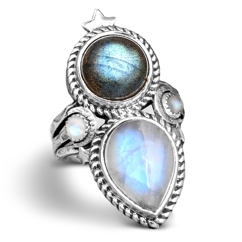 Anillo celestial de piedra lunar y labradorita