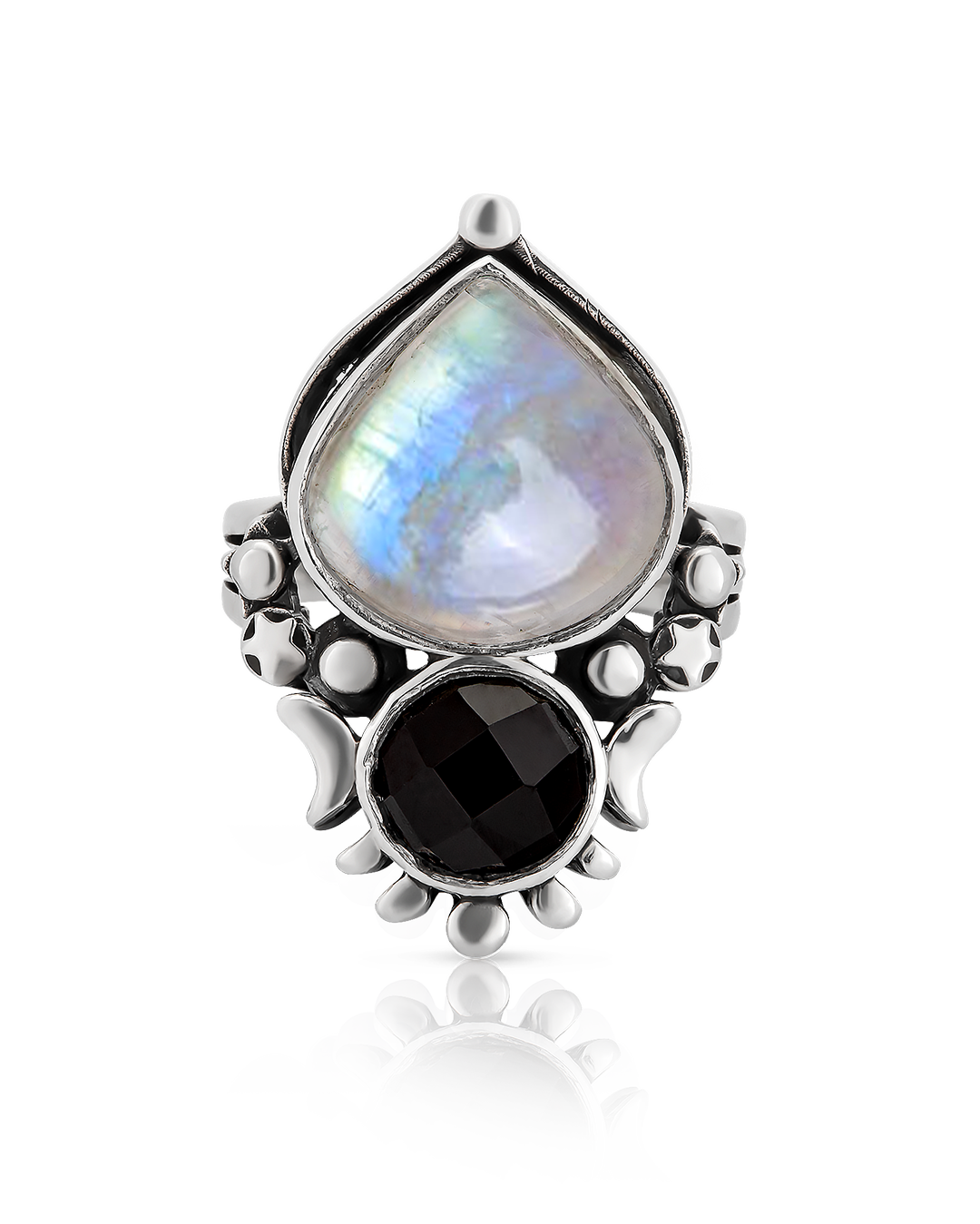 Anillo celestial de piedra lunar y ónice