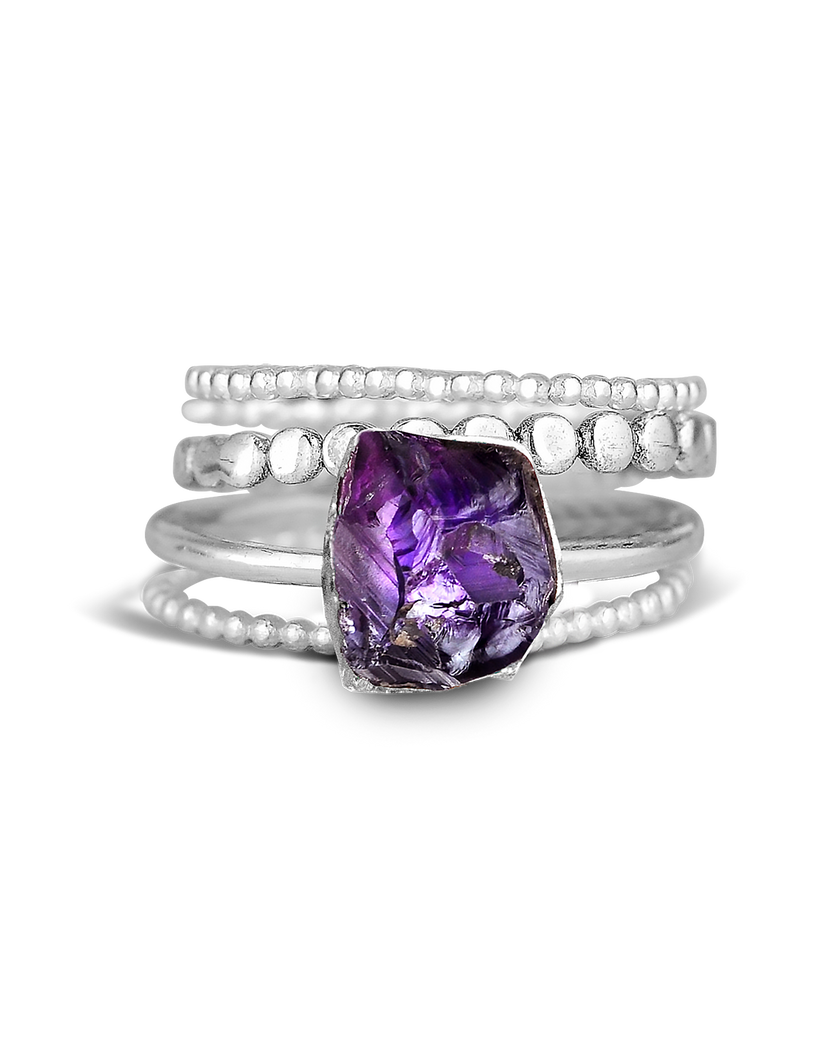 Conjunto de anillos de plata con amatista para apilar — Carmen, Lucía & Rocío