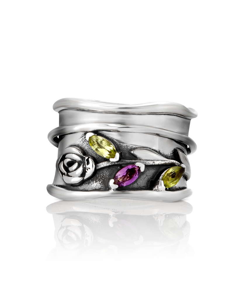 Anillo giratorio de flor de rosa con amatista