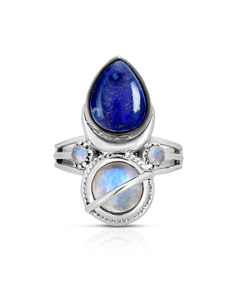 Anillo celestial de lapislázuli y piedra de luna