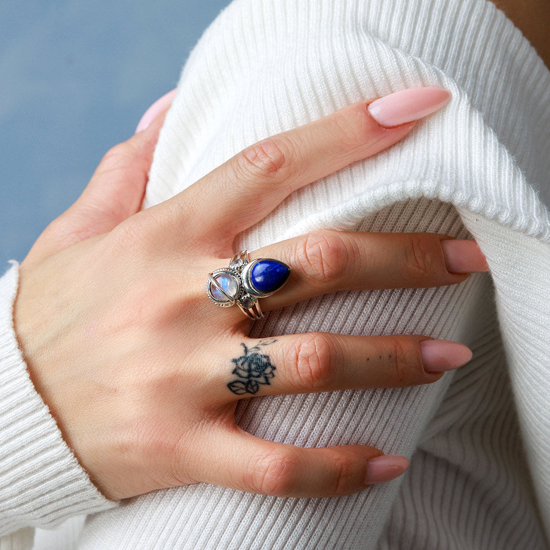 Anillo celestial de lapislázuli y piedra de luna – imagen 2