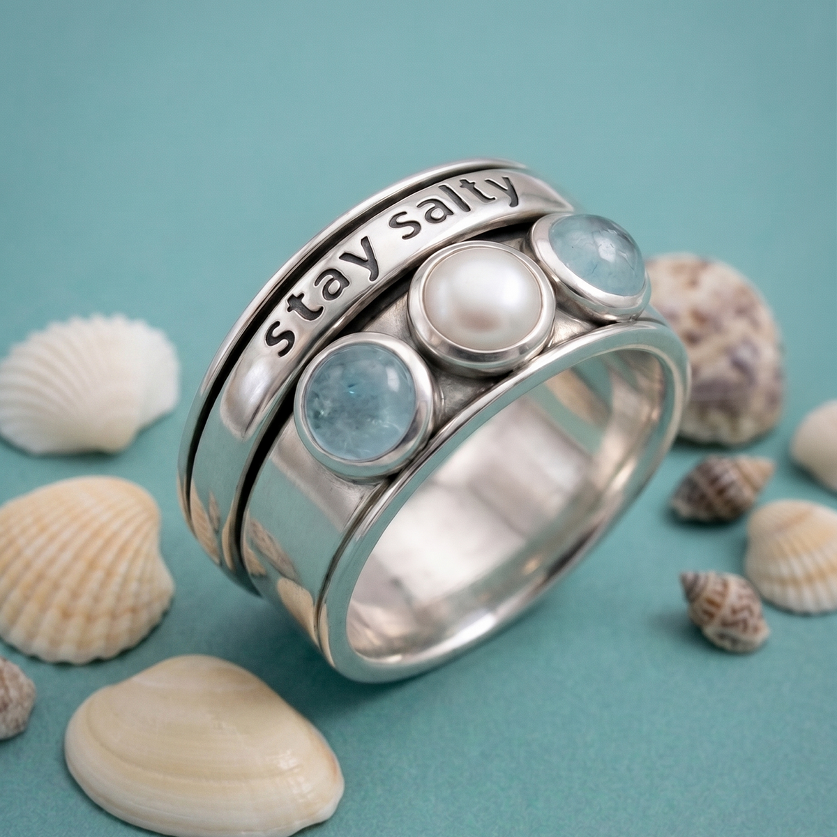 Anillo spinner de perla y aguamarina – imagen 3