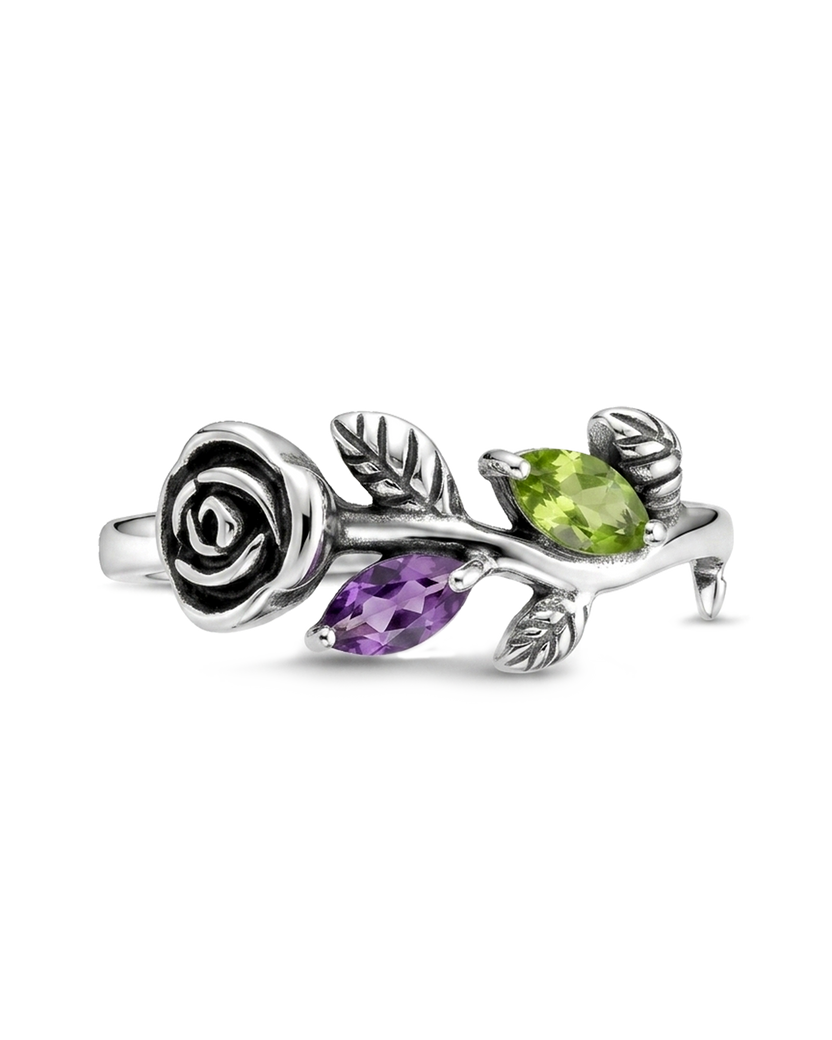 Anillo de rosa con amatista y peridoto