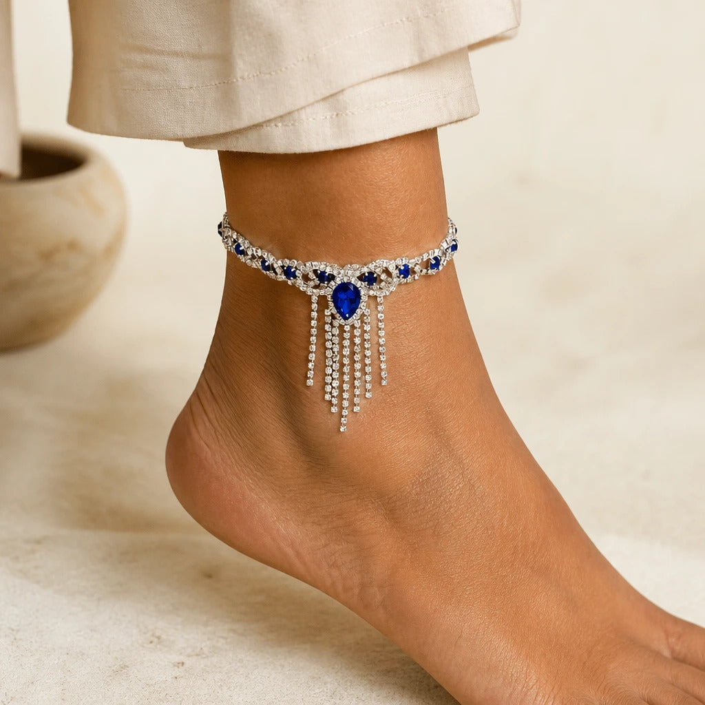 Tobillera de cristal con borla azul