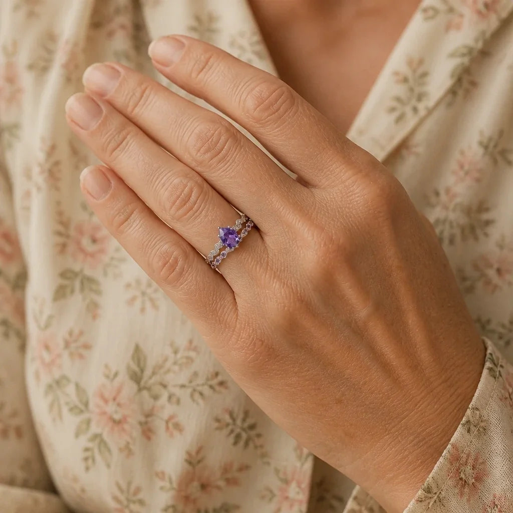 Conjunto de anillos trenzados de amatista — Carmen, Lucía & Rocío