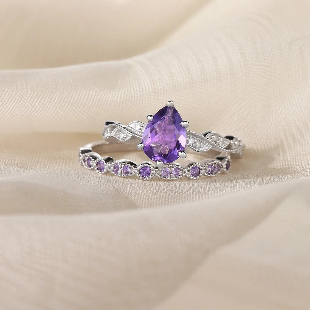 Conjunto de anillos trenzados de amatista — Carmen, Lucía & Rocío