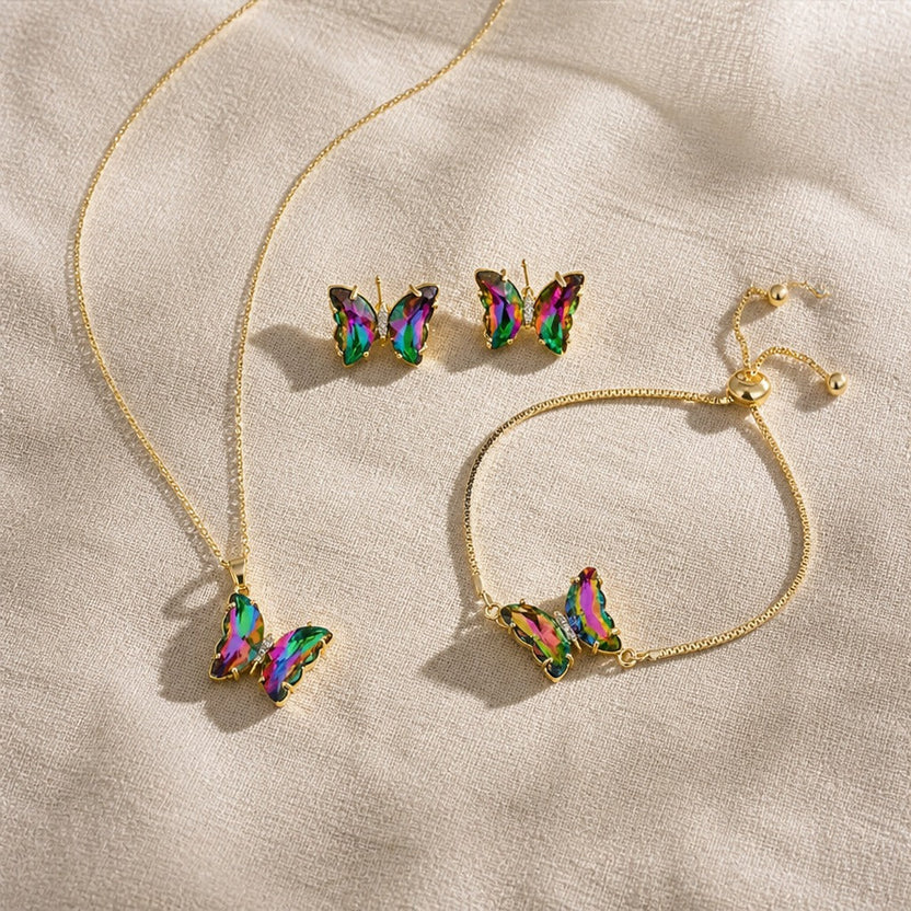 Set de pendientes, pulsera y collar de mariposa