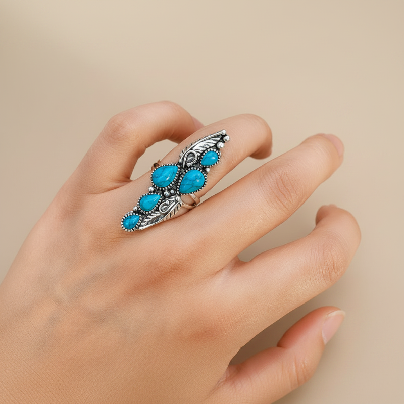 Anillo llamativo de turquesa con plumas – imagen 2