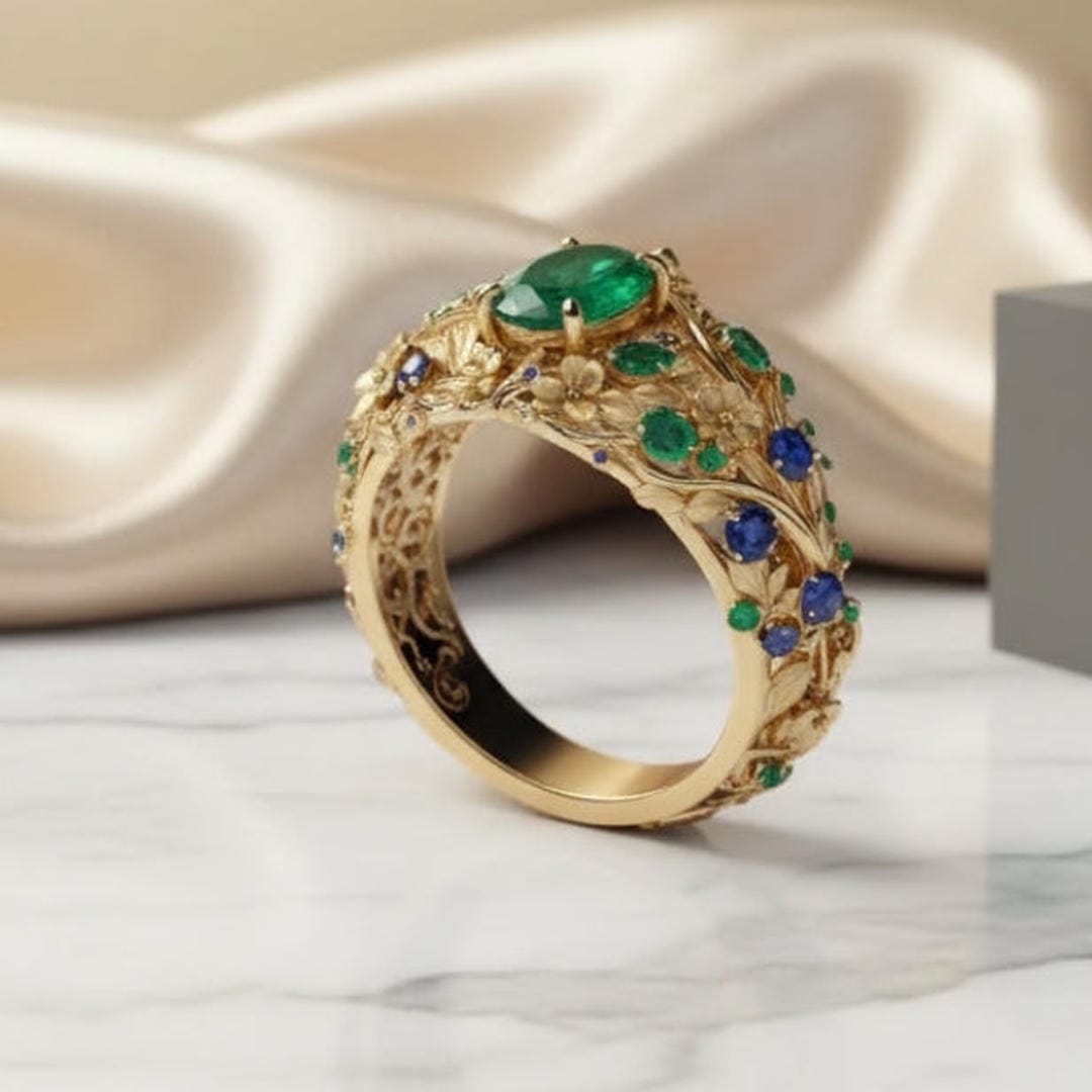 Anillo dorado con cristales verdes y azules