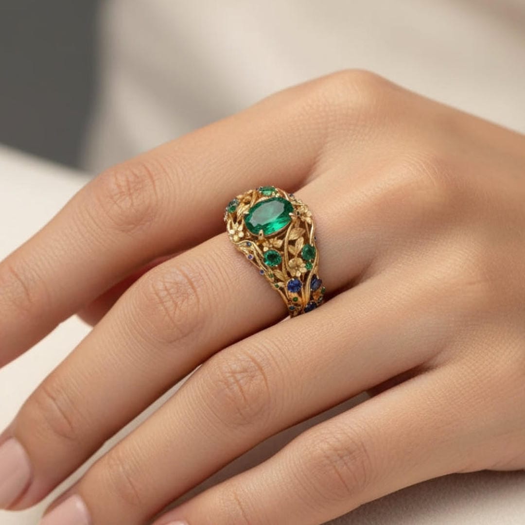 Anillo dorado con cristales verdes y azules – imagen 3