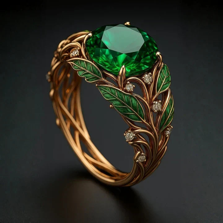 Anillo dorado de cristal verde exótico con esmalte