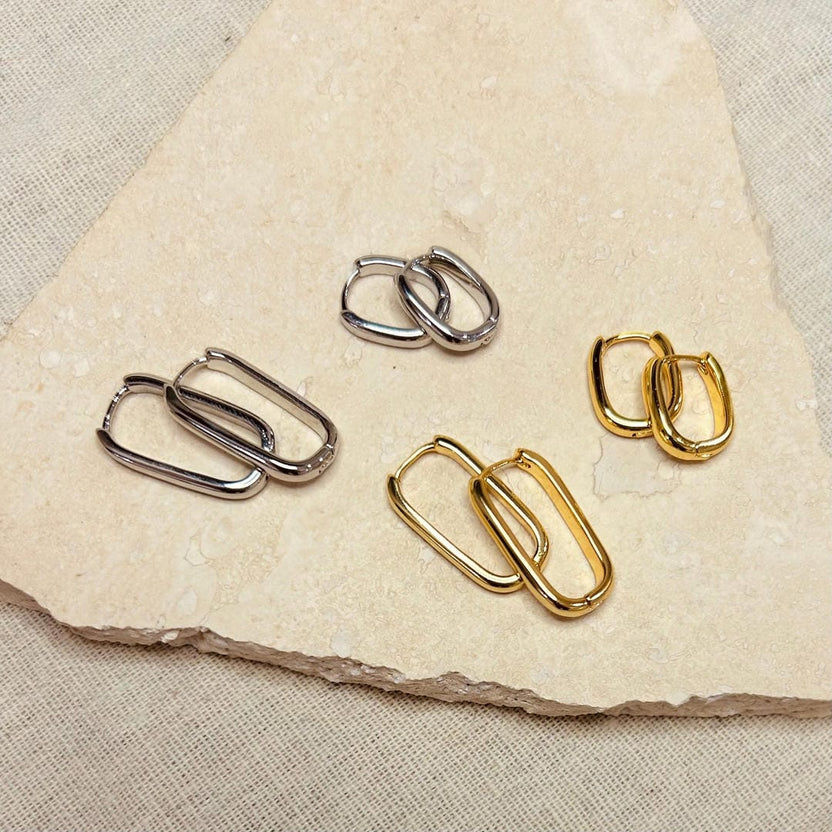 Set de 2 pares de aros ovalados de diario en oro y plata