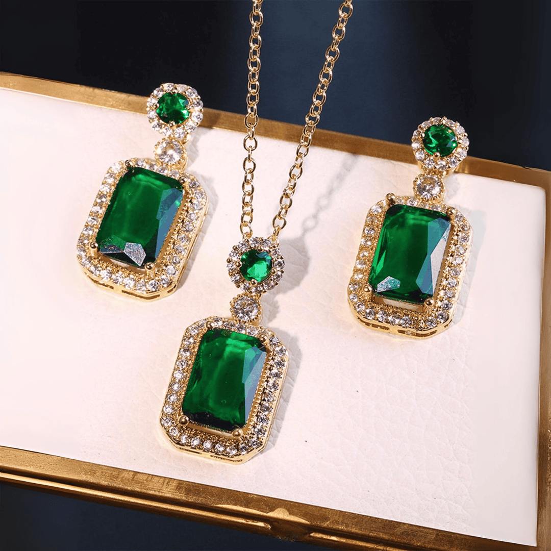 Conjunto halo rectangular de esmeralda radiante — Carmen, Lucía & Rocío