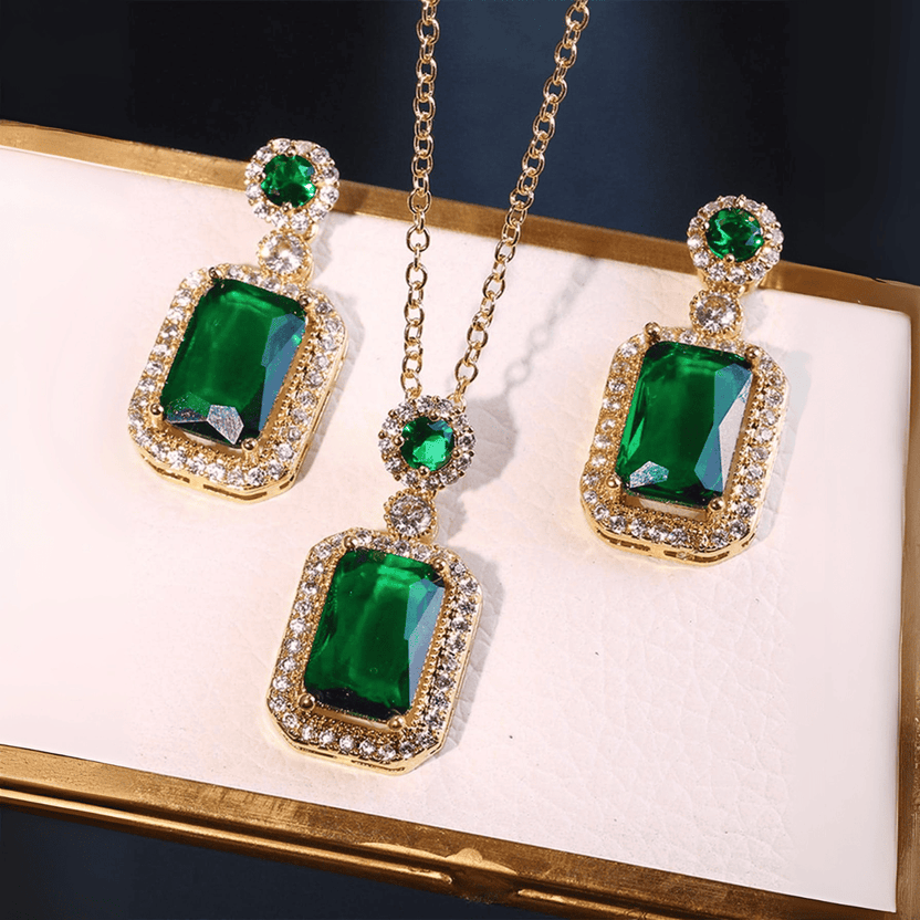 Conjunto halo rectangular de esmeralda radiante — Carmen, Lucía & Rocío
