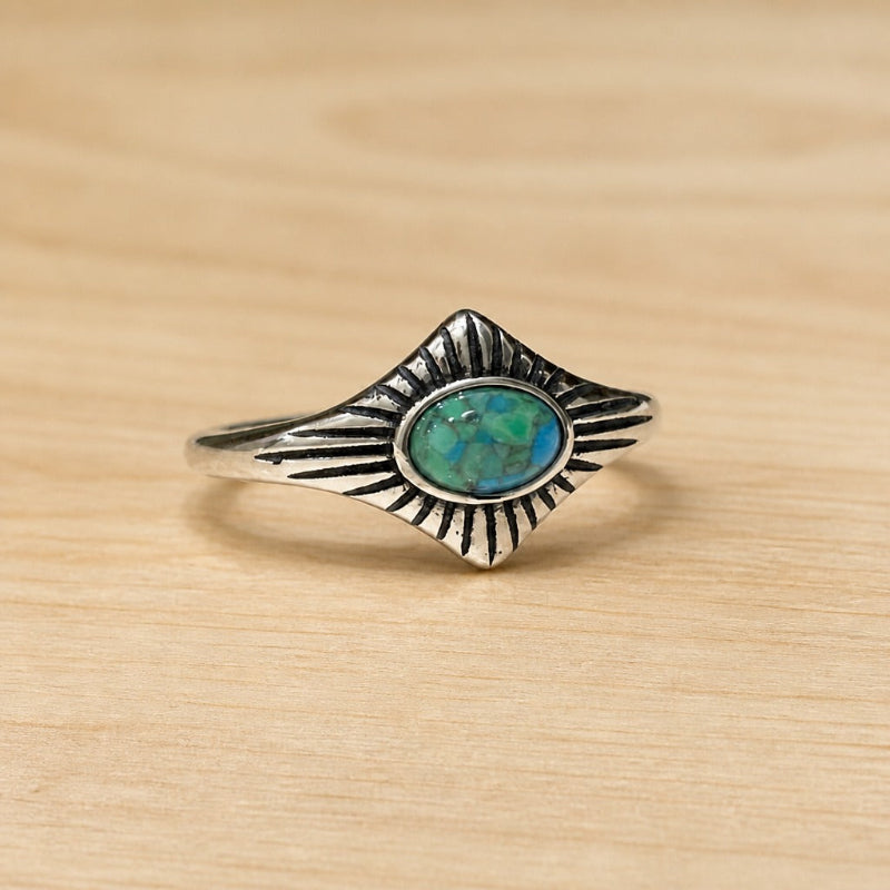 Exquisito anillo de turquesa con diseño de sol radiante – imagen 2