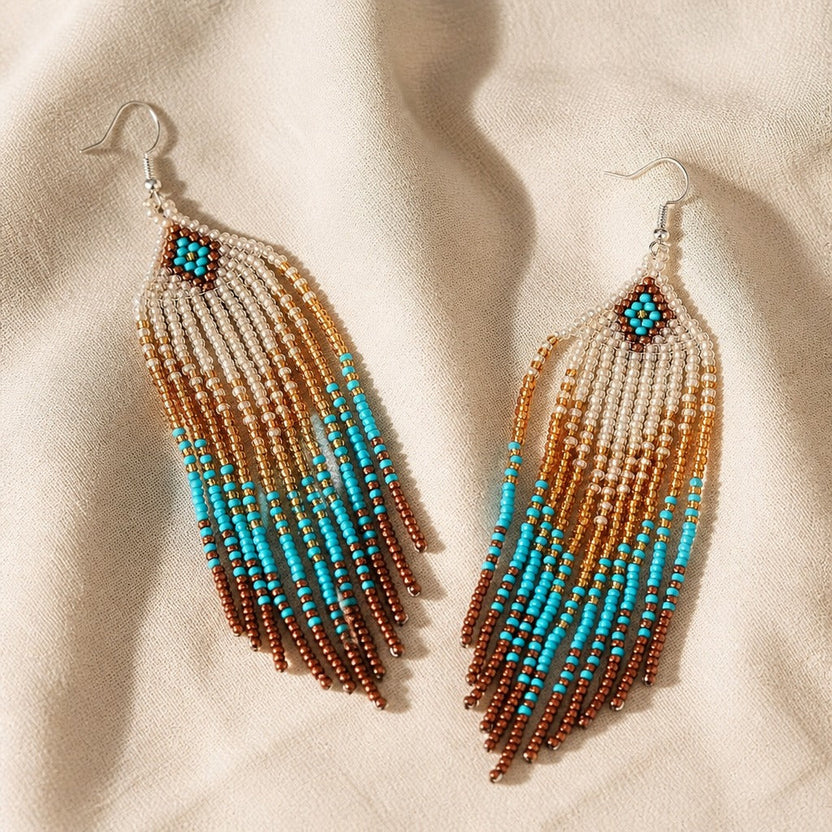Pendientes boho geométricos de cuentas con borlas