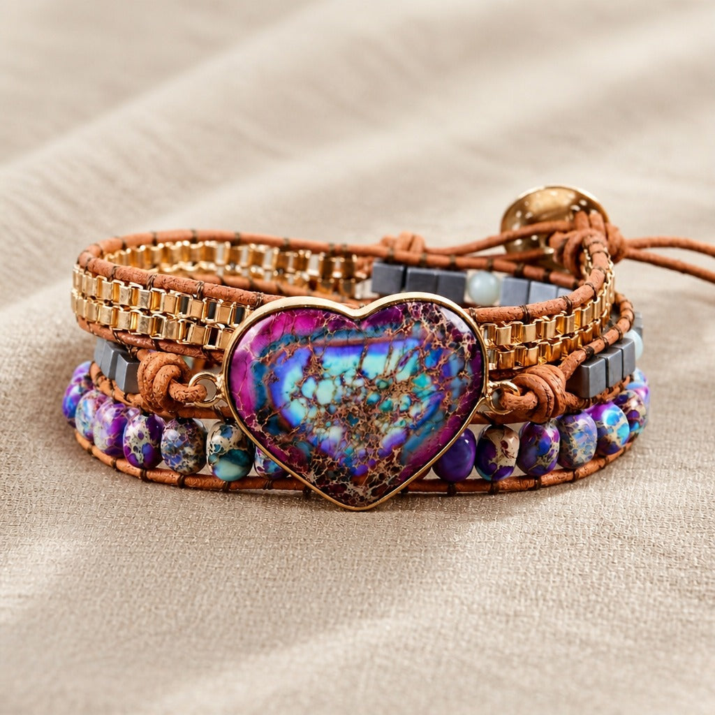 Pulsera de piedra en forma de corazón con cuero trenzado