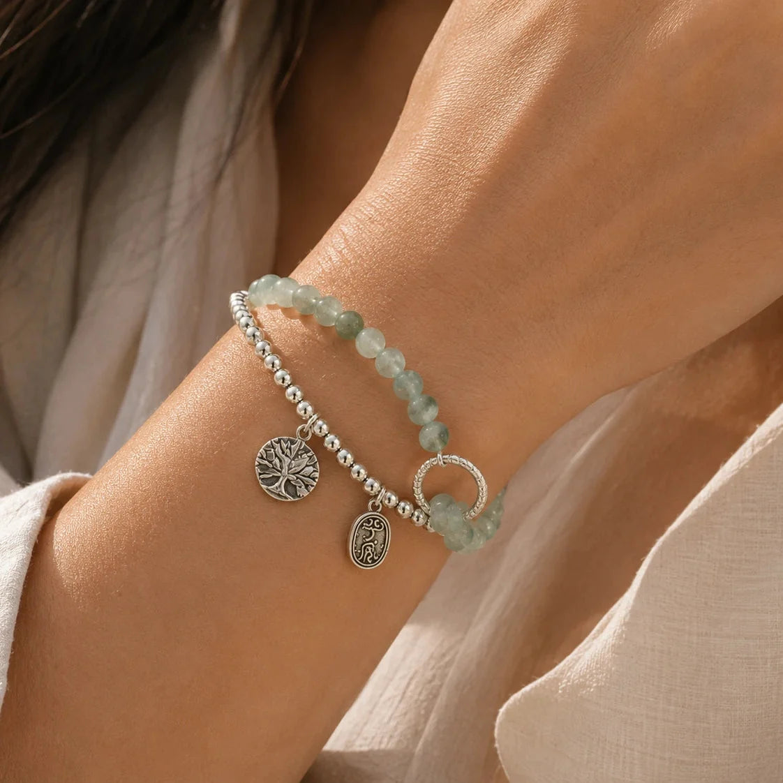 Pulsera bohemia de doble vuelta en jade musgo