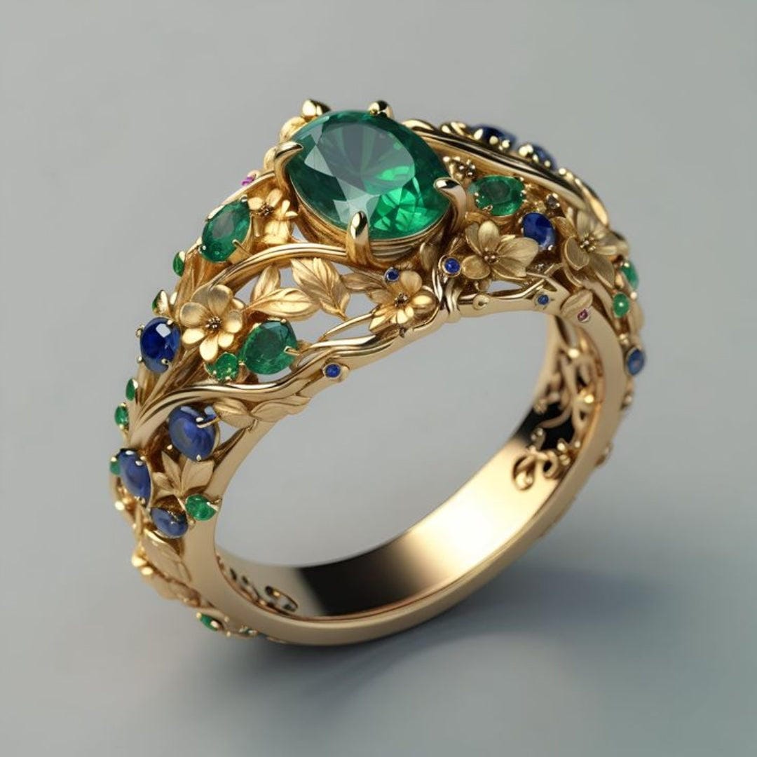 Anillo dorado con cristales verdes y azules – imagen 2