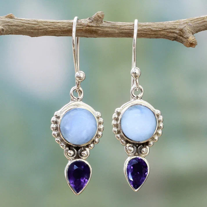 Pendientes colgantes de piedra lunar y cristal morado antiguo