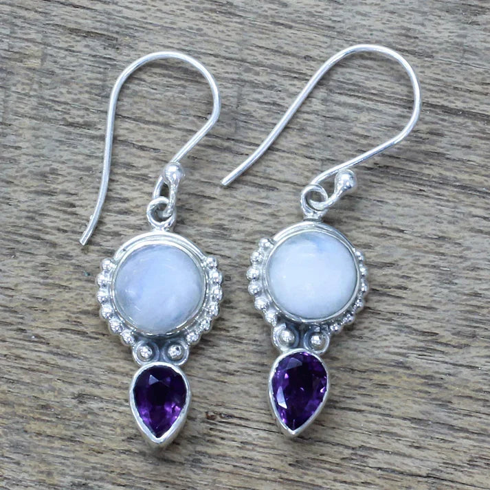 Pendientes colgantes de piedra lunar y cristal morado antiguo – imagen 2