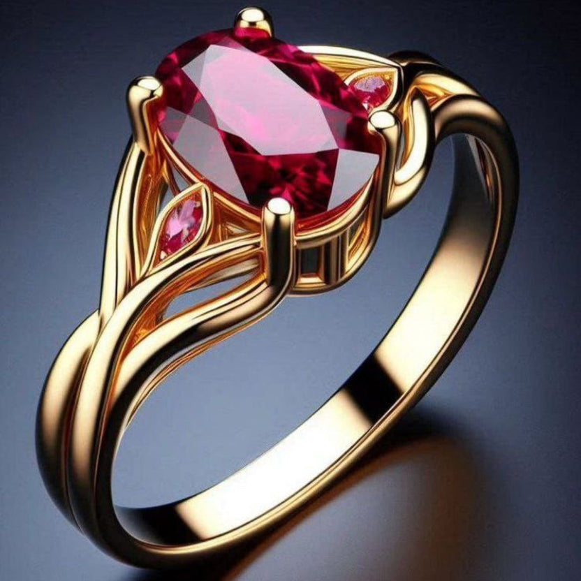 Anillo dorado con cristal rojo exótico