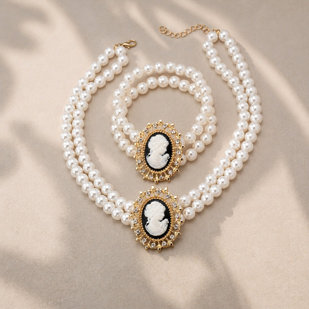 Set de collar y pulsera de perla y camafeo – imagen 2