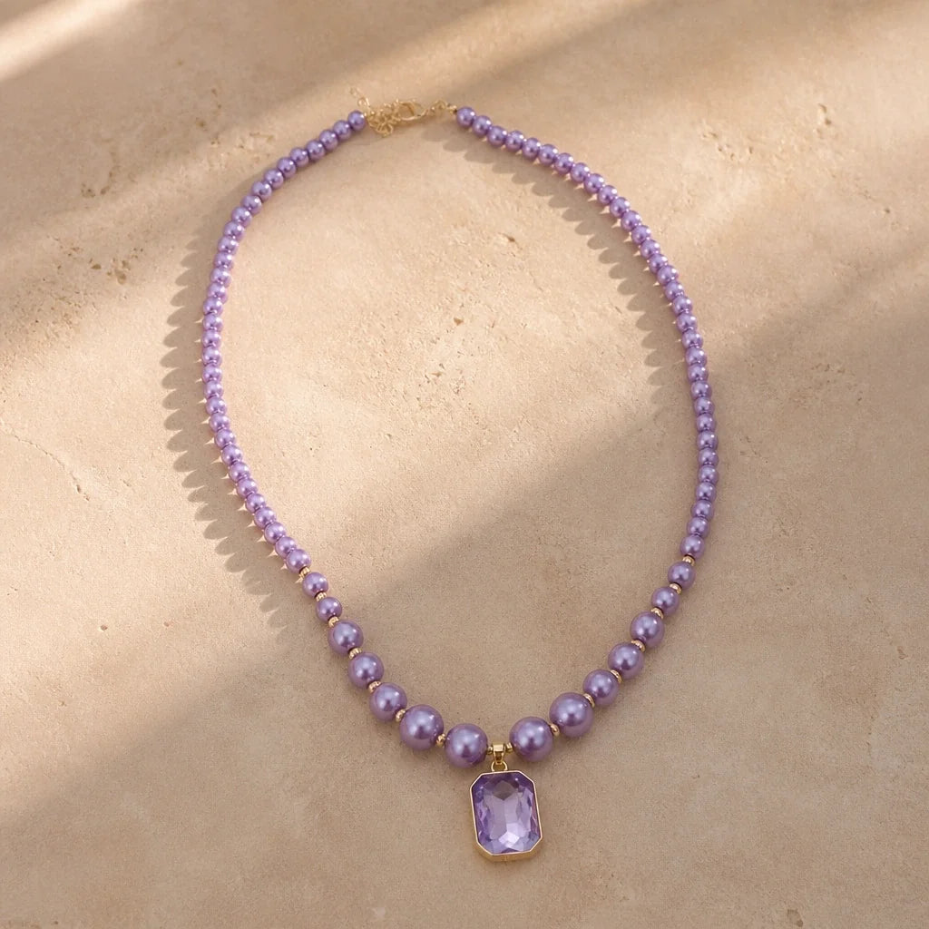 Collar de cadena de perlas con colgante de amatista – imagen 2