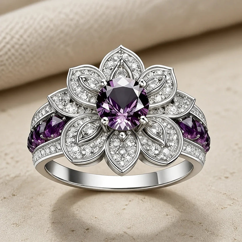 Anillo de plata con loto morado